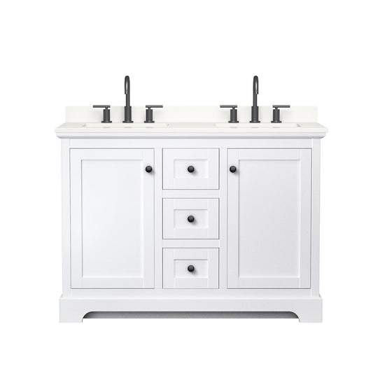 Wyndham Collection Avery 48" Double Bathroom Vanity in White, White Quartz Countertop, Undermount Square Sinks (3-Hole), Matte Black Trim