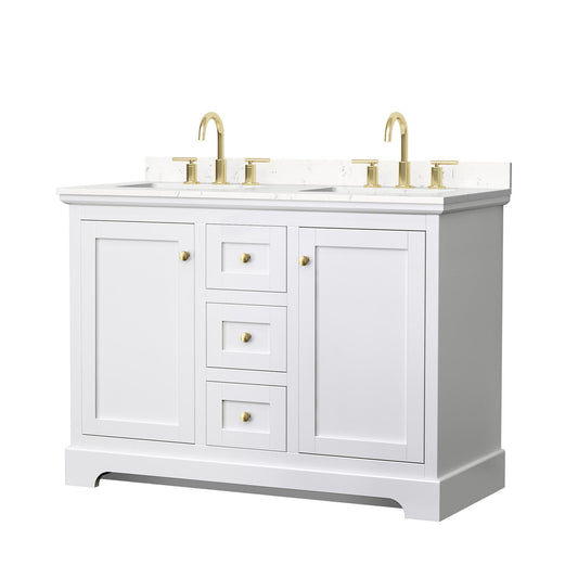 Wyndham Collection Avery 48" Double Bathroom Vanity in White, Carrara Cultured Marble Countertop, Undermount Square Sinks (3-Hole), Brushed Gold Trim