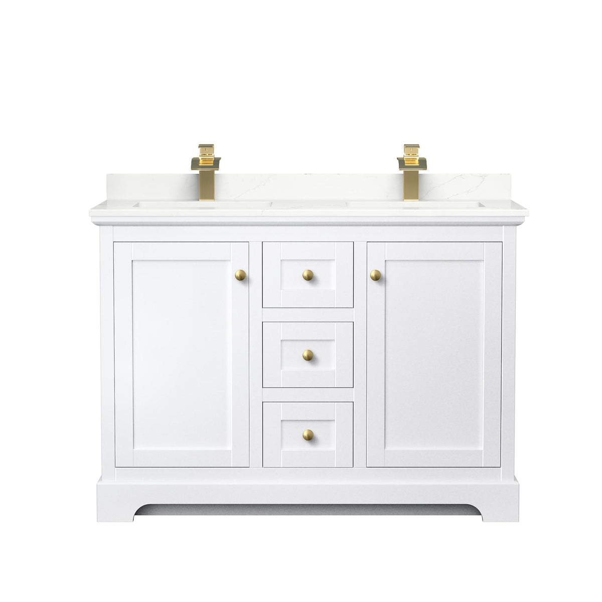 Wyndham Collection Avery 48" Double Bathroom Vanity in White, Giotto Quartz Countertop, Undermount Square Sinks (1-Hole), Brushed Gold Trim