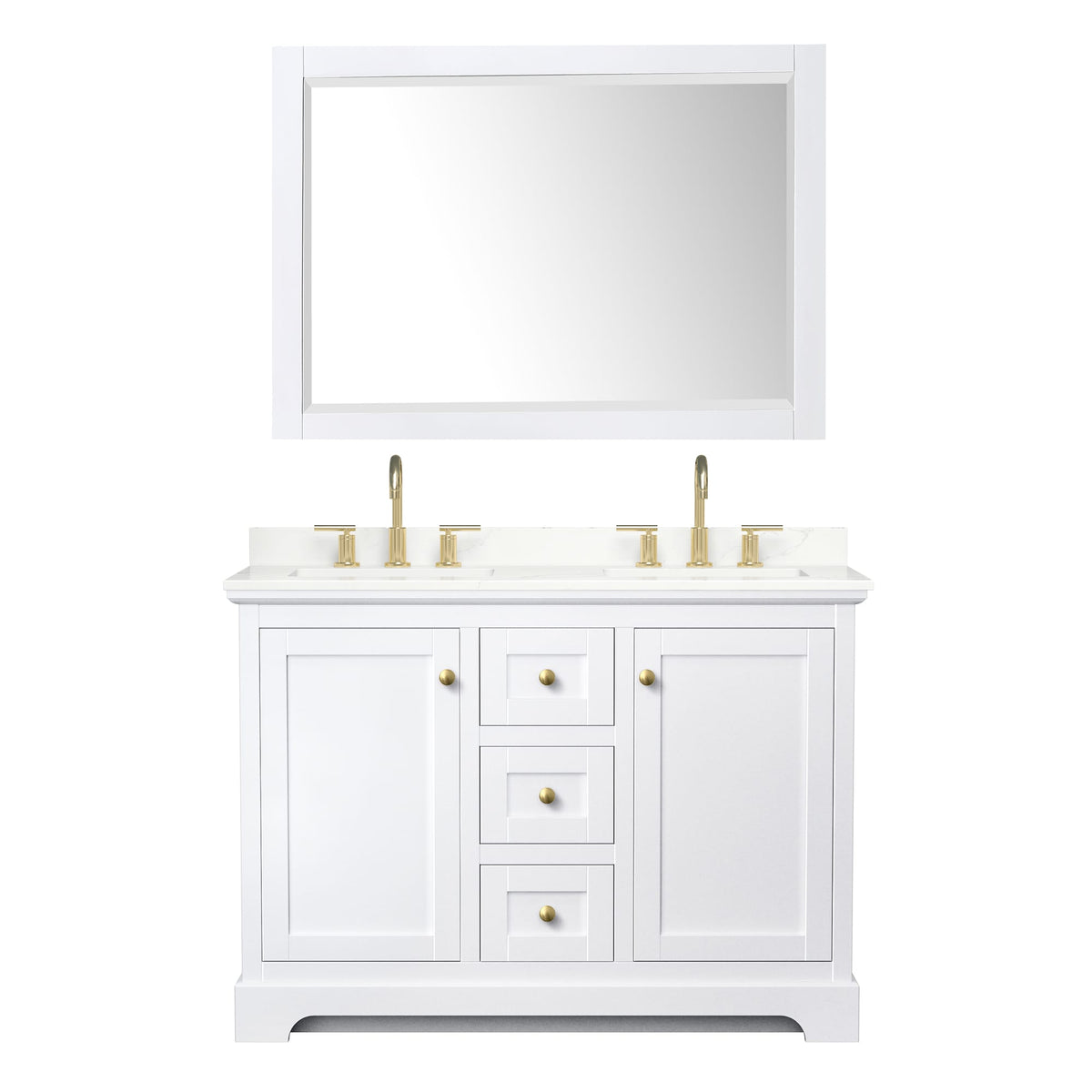 Wyndham Collection Avery 48" Double Bathroom Vanity in White, Giotto Quartz Countertop, Undermount Square Sinks (3-Hole), Brushed Gold Trim and 46" Mirror