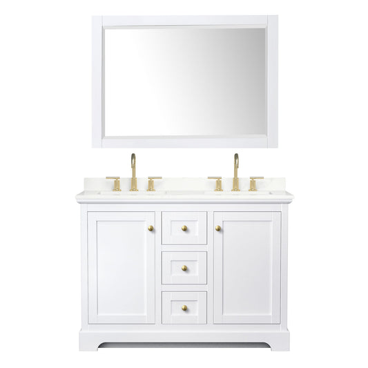 Wyndham Collection Avery 48" Double Bathroom Vanity in White, Giotto Quartz Countertop, Undermount Square Sinks (3-Hole), Brushed Gold Trim and 46" Mirror