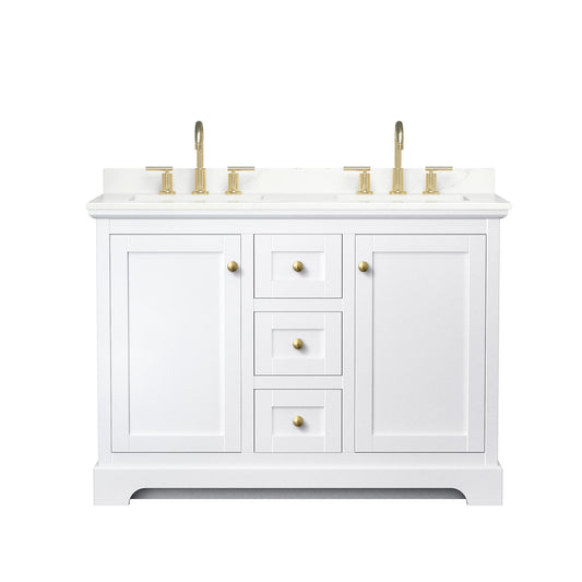 Wyndham Collection Avery 48" Double Bathroom Vanity in White, Giotto Quartz Countertop, Undermount Square Sinks (3-Hole), Brushed Gold Trim