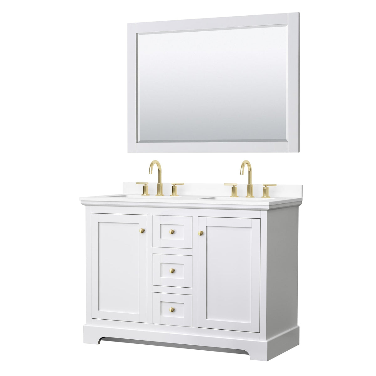 Wyndham Collection Avery 48" Double Bathroom Vanity in White, White Cultured Marble Countertop, Undermount Square Sinks (3-Hole), 46" Mirror, Brushed Gold Trim