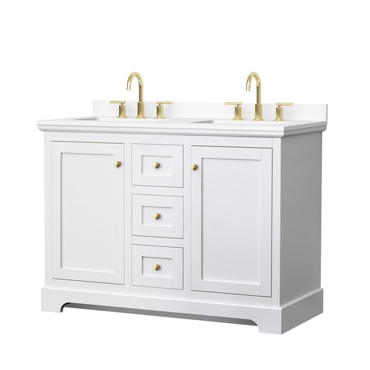 Wyndham Collection Avery 48" Double Bathroom Vanity in White, White Cultured Marble Countertop, Undermount Square Sinks (3-Hole), Brushed Gold Trim