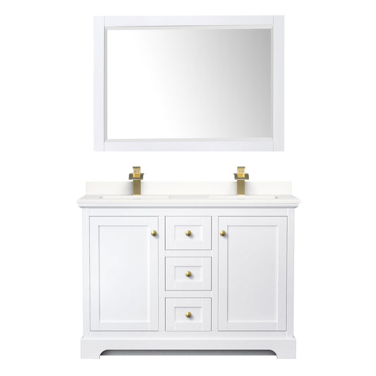 Wyndham Collection Avery 48" Double Bathroom Vanity in White, White Quartz Countertop, Undermount Square Sinks (1-Hole), Brushed Gold Trim and 46" Mirror