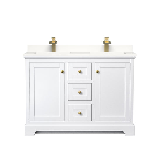 Wyndham Collection Avery 48" Double Bathroom Vanity in White, White Quartz Countertop, Undermount Square Sinks (1-Hole), Brushed Gold Trim