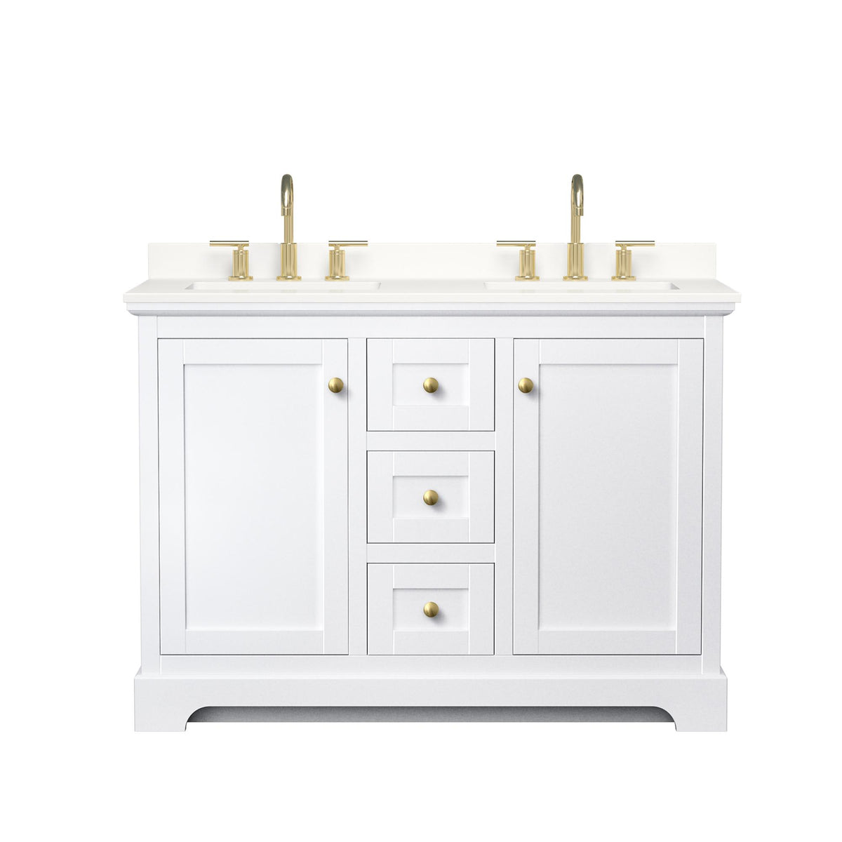 Wyndham Collection Avery 48" Double Bathroom Vanity in White, White Quartz Countertop, Undermount Square Sinks (3-Hole), Brushed Gold Trim