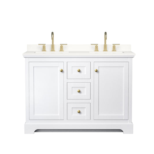 Wyndham Collection Avery 48" Double Bathroom Vanity in White, White Quartz Countertop, Undermount Square Sinks (3-Hole), Brushed Gold Trim