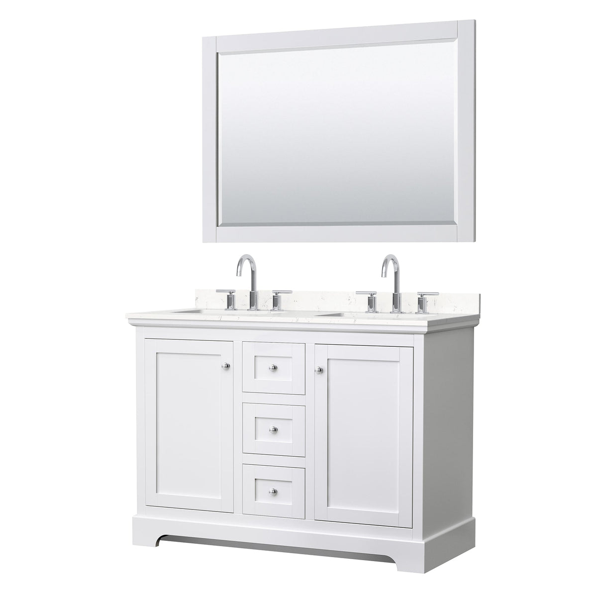 Wyndham Collection Avery 48" Double Bathroom Vanity in White, Carrara Cultured Marble Countertop, Undermount Square Sinks (3-Hole), Polished Chrome Trim and 46" Mirror
