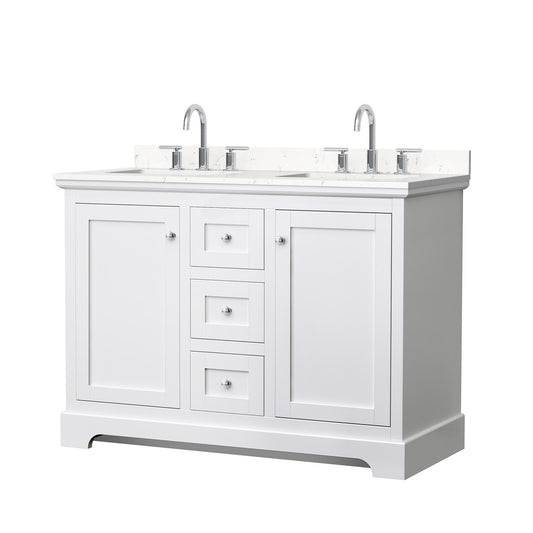 Wyndham Collection Avery 48" Double Bathroom Vanity in White, Carrara Cultured Marble Countertop, Undermount Square Sinks (3-Hole), Polished Chrome Trim