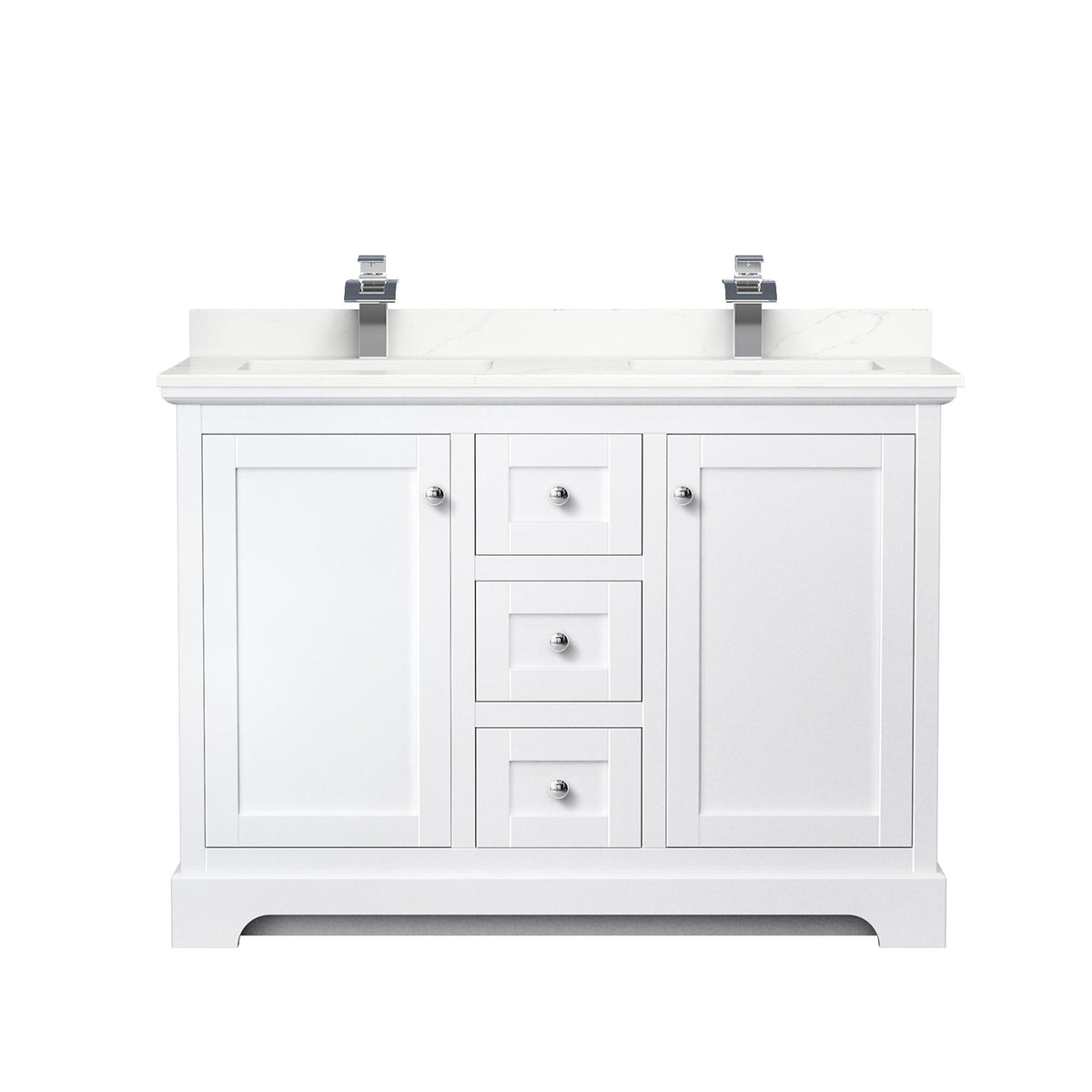 Wyndham Collection Avery 48" Double Bathroom Vanity in White, Giotto Quartz Countertop, Undermount Square Sinks (1-Hole), Polished Chrome Trim