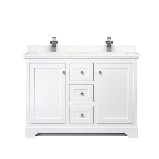 Wyndham Collection Avery 48" Double Bathroom Vanity in White, Giotto Quartz Countertop, Undermount Square Sinks (1-Hole), Polished Chrome Trim