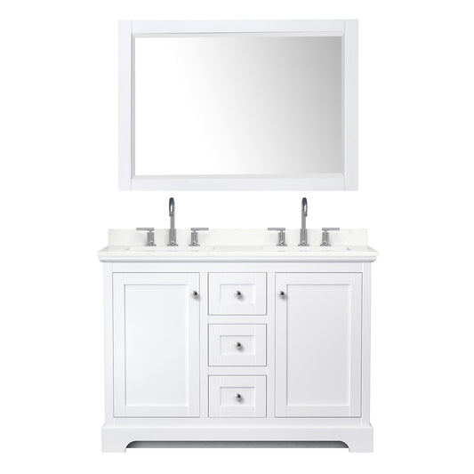 Wyndham Collection Avery 48" Double Bathroom Vanity in White, Giotto Quartz Countertop, Undermount Square Sinks (3-Hole), Polished Chrome Trim and 46" Mirror