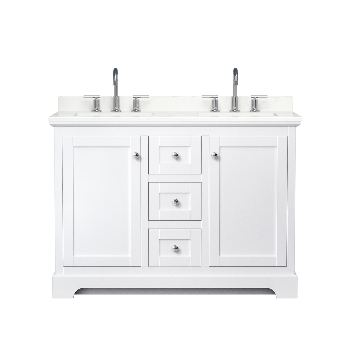 Wyndham Collection Avery 48" Double Bathroom Vanity in White, Giotto Quartz Countertop, Undermount Square Sinks (3-Hole), Polished Chrome Trim