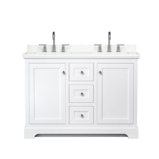 Wyndham Collection Avery 48" Double Bathroom Vanity in White, Giotto Quartz Countertop, Undermount Square Sinks (3-Hole), Polished Chrome Trim
