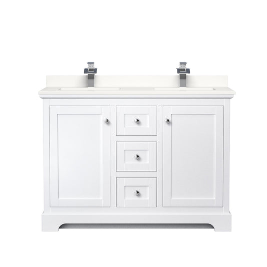 Wyndham Collection Avery 48" Double Bathroom Vanity in White, White Quartz Countertop, Undermount Square Sinks (1-Hole), Polished Chrome Trim