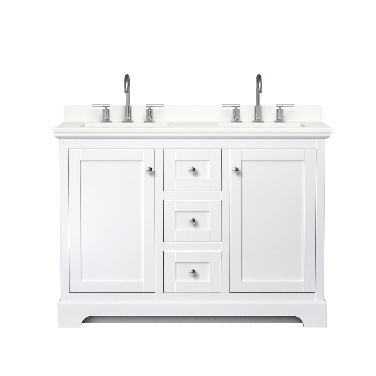 Wyndham Collection Avery 48" Double Bathroom Vanity in White, White Quartz Countertop, Undermount Square Sinks (3-Hole), Polished Chrome Trim