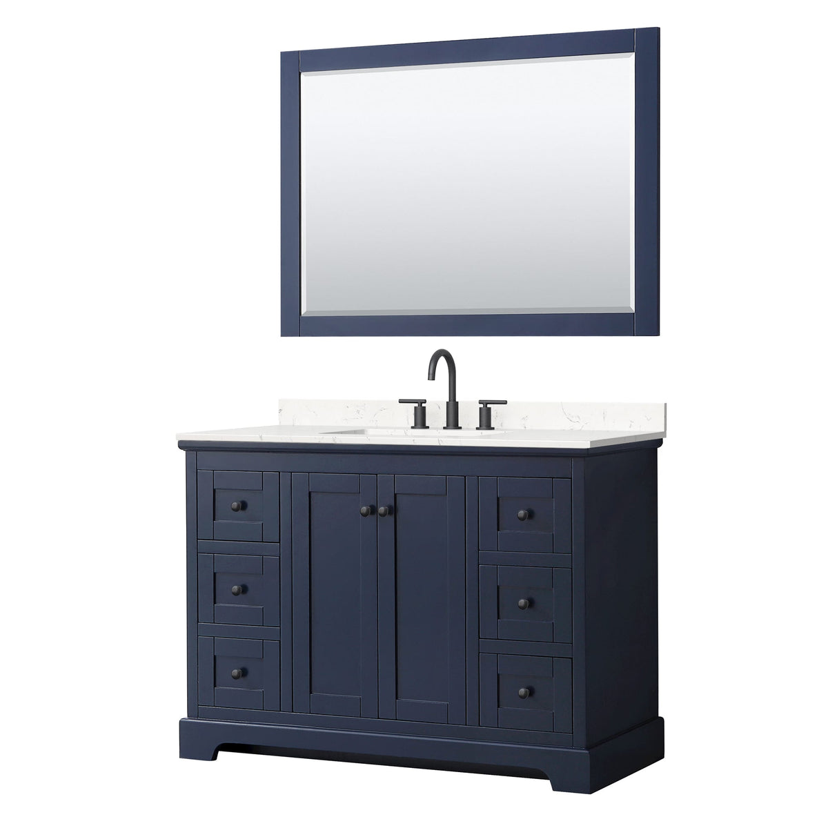Wyndham Collection Avery 48" Single Bathroom Vanity in Dark Blue, Carrara Cultured Marble Countertop, Undermount Square Sink (3-Hole), Matte Black Trim and 46" Mirror
