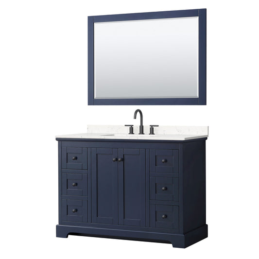 Wyndham Collection Avery 48" Single Bathroom Vanity in Dark Blue, Carrara Cultured Marble Countertop, Undermount Square Sink (3-Hole), Matte Black Trim and 46" Mirror