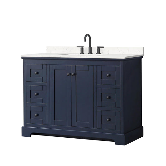 Wyndham Collection Avery 48" Single Bathroom Vanity in Dark Blue, Carrara Cultured Marble Countertop, Undermount Square Sink (3-Hole), Matte Black Trim