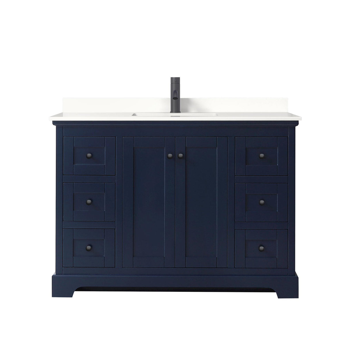 Wyndham Collection Avery 48" Single Bathroom Vanity in Dark Blue, White Quartz Countertop, Undermount Square Sink (1-Hole), Matte Black Trim