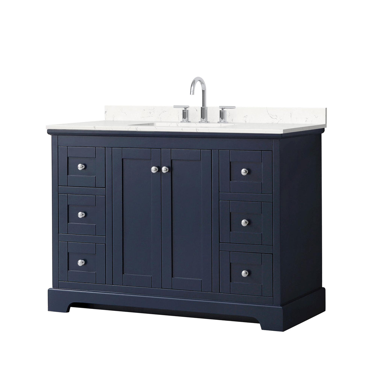 Wyndham Collection Avery 48" Single Bathroom Vanity in Dark Blue, Carrara Cultured Marble Countertop, Undermount Square Sink (3-Hole), Polished Chrome Trim