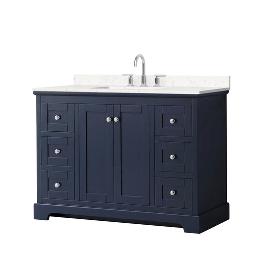 Wyndham Collection Avery 48" Single Bathroom Vanity in Dark Blue, Carrara Cultured Marble Countertop, Undermount Square Sink (3-Hole), Polished Chrome Trim