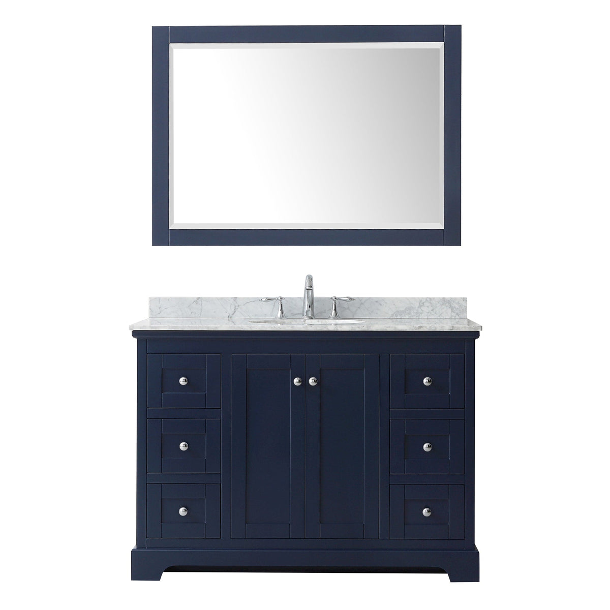 Wyndham Collection Avery 48" Single Bathroom Vanity in Dark Blue, White Carrara Marble Countertop, Undermount Oval Sink (3-Hole), Polished Chrome Trim and 46" Mirror