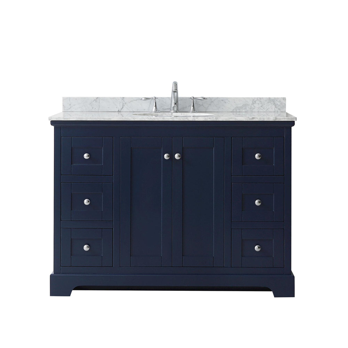 Wyndham Collection Avery 48" Single Bathroom Vanity in Dark Blue, White Carrara Marble Countertop, Undermount Oval Sink (3-Hole), Polished Chrome Trim