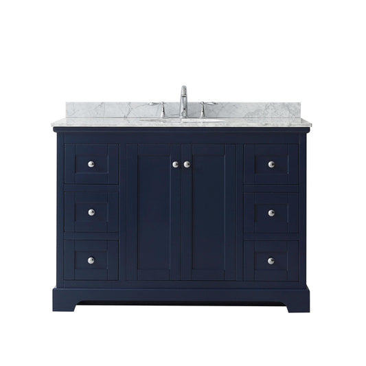 Wyndham Collection Avery 48" Single Bathroom Vanity in Dark Blue, White Carrara Marble Countertop, Undermount Oval Sink (3-Hole), Polished Chrome Trim