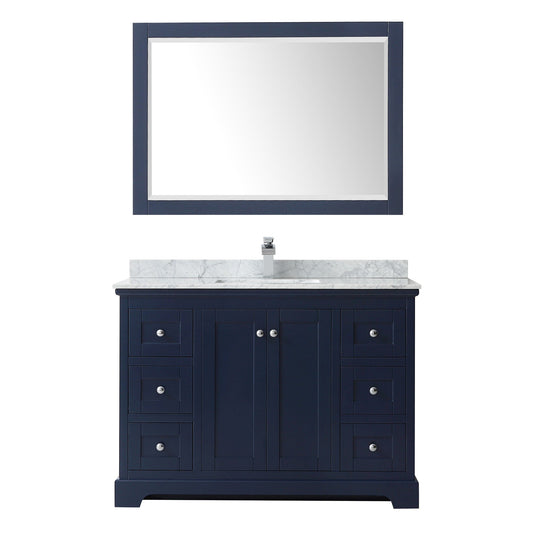 Wyndham Collection Avery 48" Single Bathroom Vanity in Dark Blue, White Carrara Marble Countertop, Undermount Square Sink (1-Hole), Polished Chrome Trim and 46" Mirror