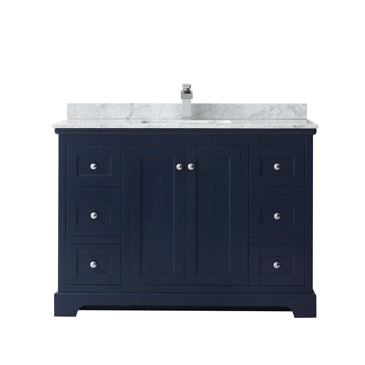Wyndham Collection Avery 48" Single Bathroom Vanity in Dark Blue, White Carrara Marble Countertop, Undermount Square Sink (1-Hole), Polished Chrome Trim