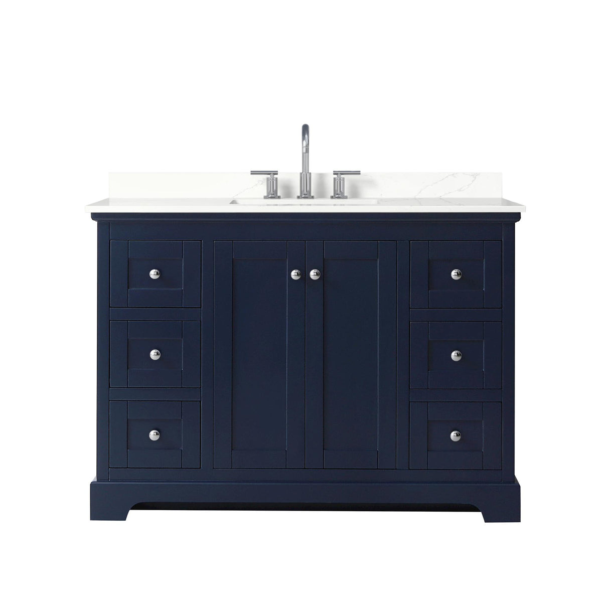 Wyndham Collection Avery 48" Single Bathroom Vanity in Dark Blue, Giotto Quartz Countertop, Undermount Square Sink (3-Hole), Polished Chrome Trim