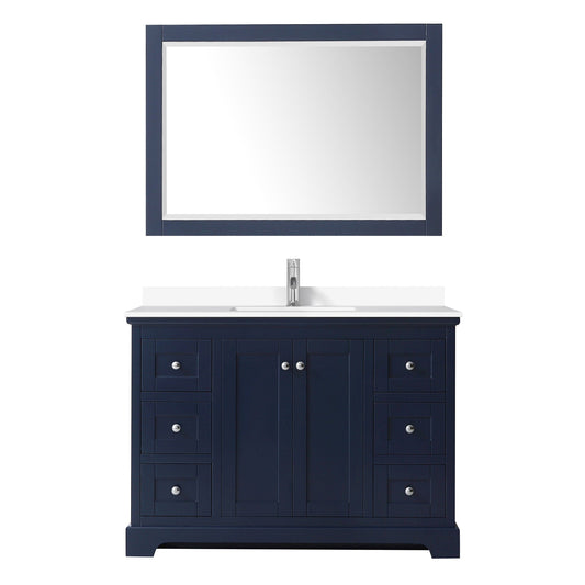 Wyndham Collection Avery 48" Single Bathroom Vanity in Dark Blue, White Cultured Marble Countertop, Undermount Square Sink (1-Hole), Polished Chrome Trim and 46" Mirror