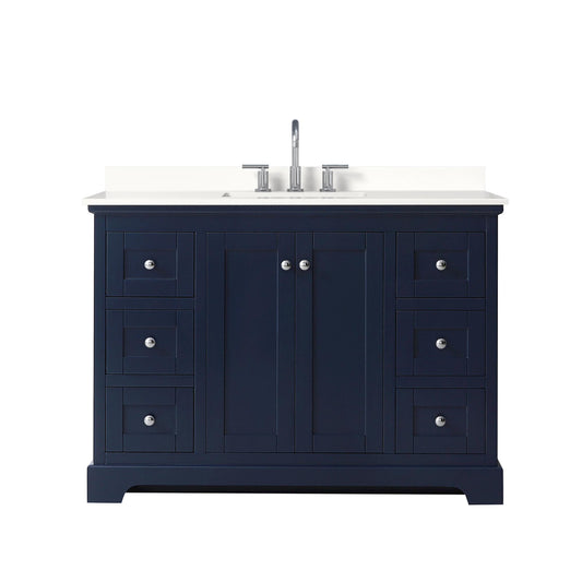 Wyndham Collection Avery 48" Single Bathroom Vanity in Dark Blue, White Quartz Countertop, Undermount Square Sink (3-Hole), Polished Chrome Trim