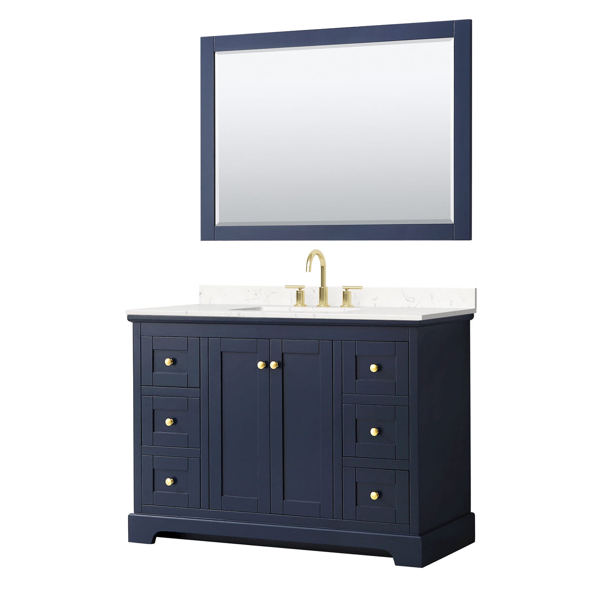 Wyndham Collection Avery 48" Single Bathroom Vanity in Dark Blue, Carrara Cultured Marble Countertop, Undermount Square Sink (3-Hole), Brushed Gold Trim and 46" Mirror