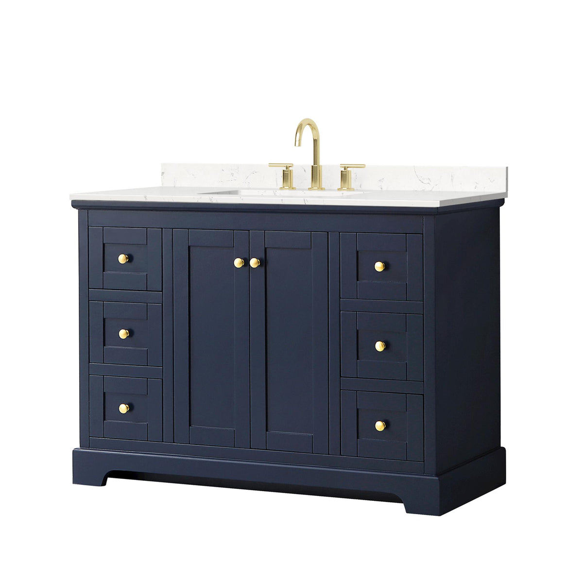 Wyndham Collection Avery 48" Single Bathroom Vanity in Dark Blue, Carrara Cultured Marble Countertop, Undermount Square Sink (3-Hole), Brushed Gold Trim