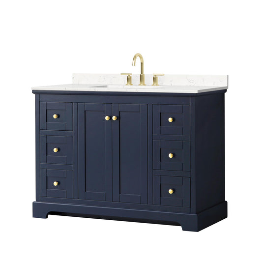 Wyndham Collection Avery 48" Single Bathroom Vanity in Dark Blue, Carrara Cultured Marble Countertop, Undermount Square Sink (3-Hole), Brushed Gold Trim