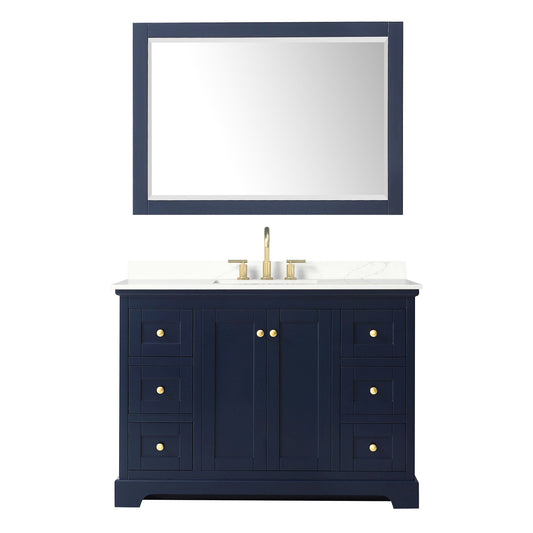 Wyndham Collection Avery 48" Single Bathroom Vanity in Dark Blue, Giotto Quartz Countertop, Undermount Square Sink (3-Hole), Brushed Gold Trim and 46" Mirror