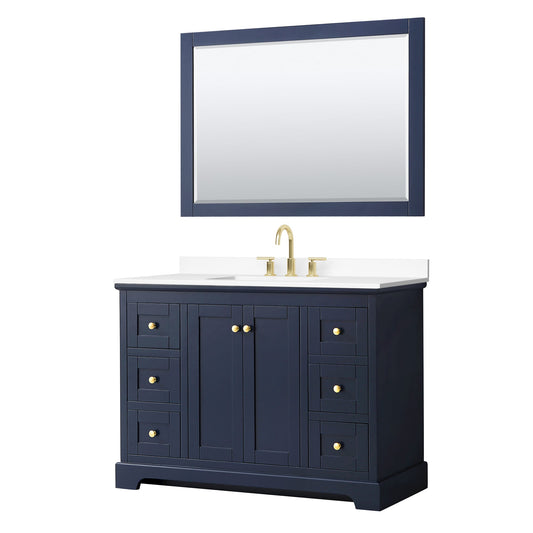 Wyndham Collection Avery 48" Single Bathroom Vanity in Dark Blue, White Cultured Marble Countertop, Undermount Square Sink (3-Hole), Brushed Gold Trim and 46" Mirror