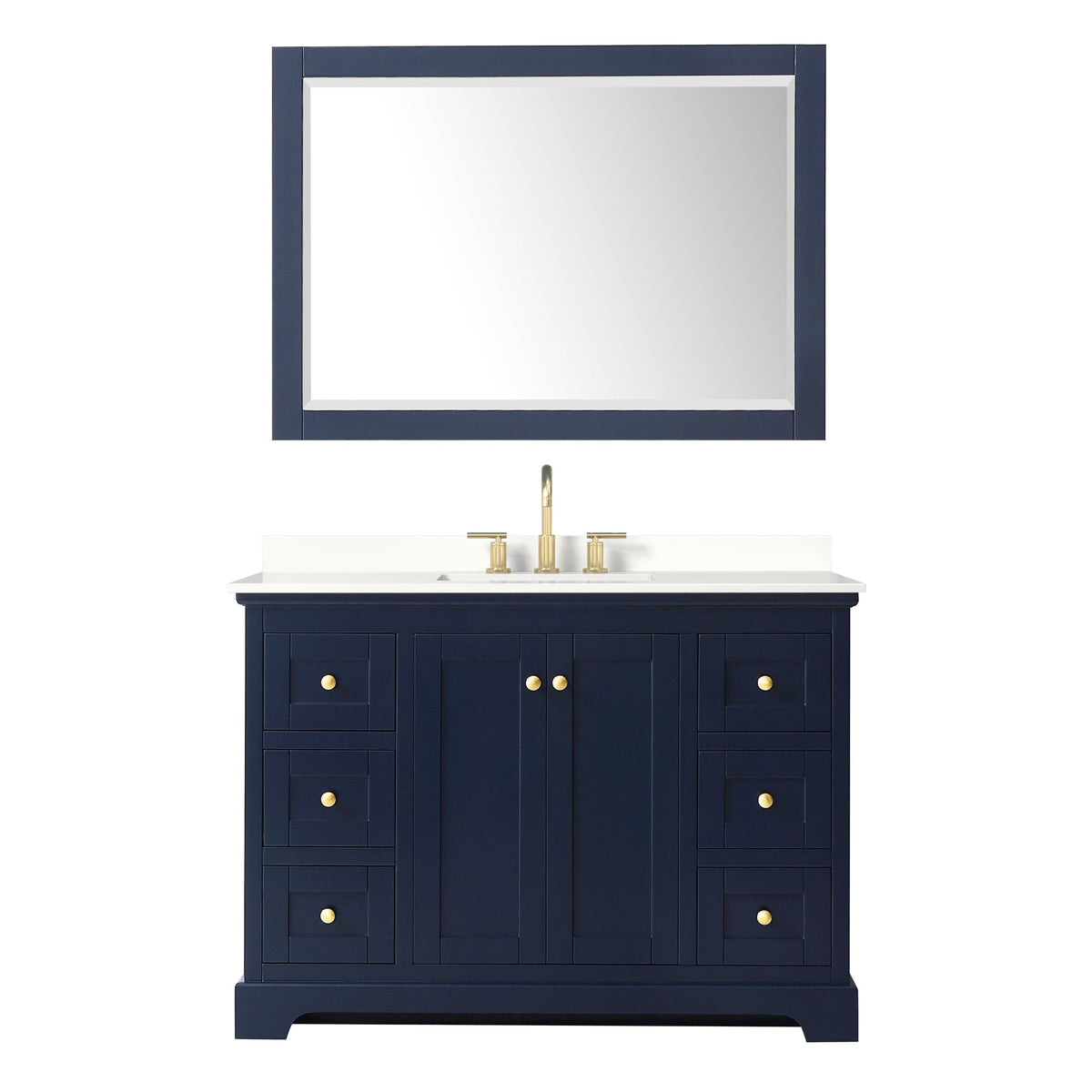 Wyndham Collection Avery 48" Single Bathroom Vanity in Dark Blue, White Quartz Countertop, Undermount Square Sink (3-Hole), Brushed Gold Trim and 46" Mirror