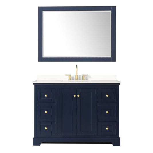 Wyndham Collection Avery 48" Single Bathroom Vanity in Dark Blue, White Quartz Countertop, Undermount Square Sink (3-Hole), Brushed Gold Trim and 46" Mirror
