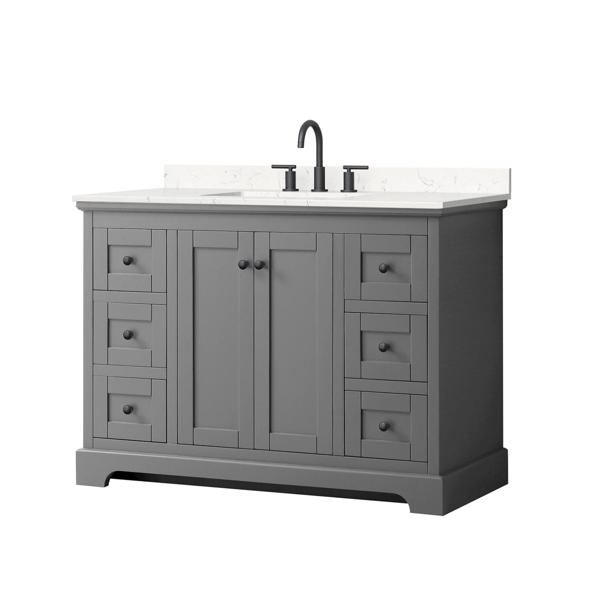 Wyndham Collection Avery 48" Single Bathroom Vanity in Dark Gray, Carrara Cultured Marble Countertop, Undermount Square Sink (3-Hole), Matte Black Trim