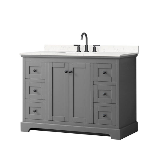 Wyndham Collection Avery 48" Single Bathroom Vanity in Dark Gray, Carrara Cultured Marble Countertop, Undermount Square Sink (3-Hole), Matte Black Trim
