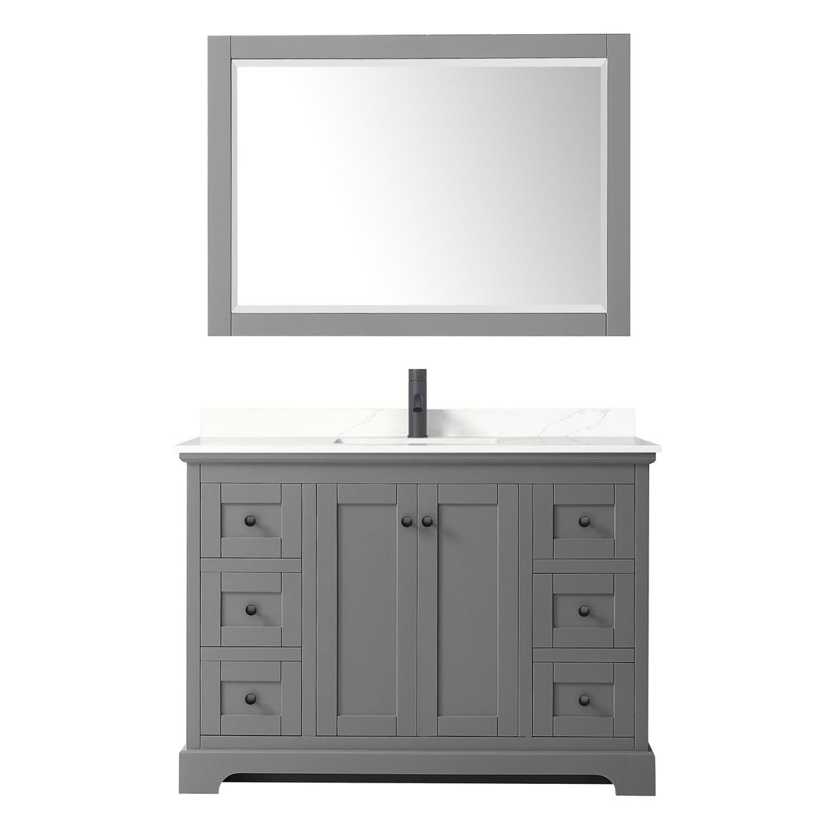 Wyndham Collection Avery 48" Single Bathroom Vanity in Dark Gray, Giotto Quartz Countertop, Undermount Square Sink (1-Hole), Matte Black Trim and 46" Mirror