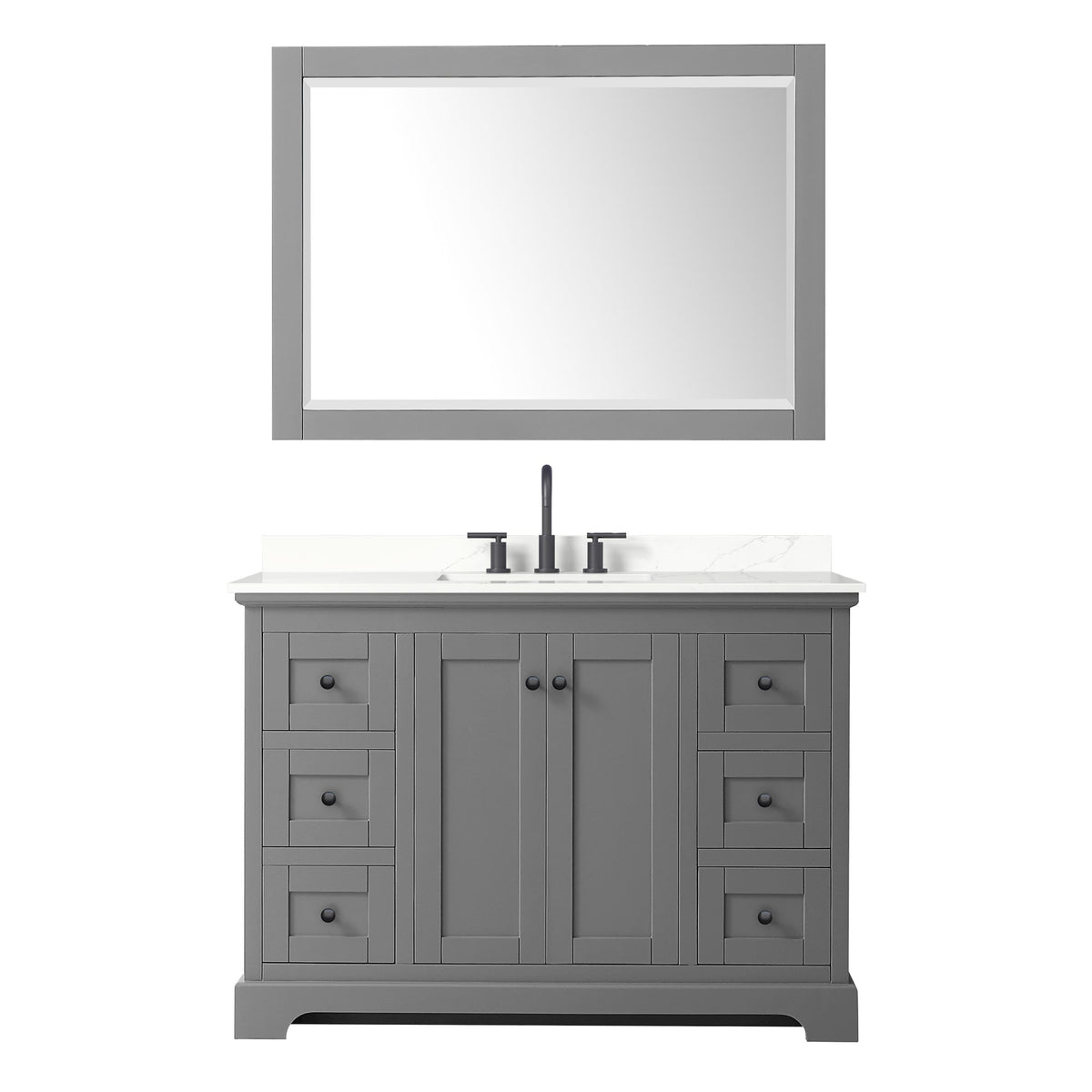 Wyndham Collection Avery 48" Single Bathroom Vanity in Dark Gray, Giotto Quartz Countertop, Undermount Square Sink (3-Hole), Matte Black Trim and 46" Mirror