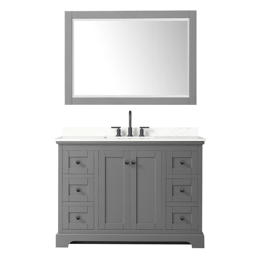 Wyndham Collection Avery 48" Single Bathroom Vanity in Dark Gray, Giotto Quartz Countertop, Undermount Square Sink (3-Hole), Matte Black Trim and 46" Mirror