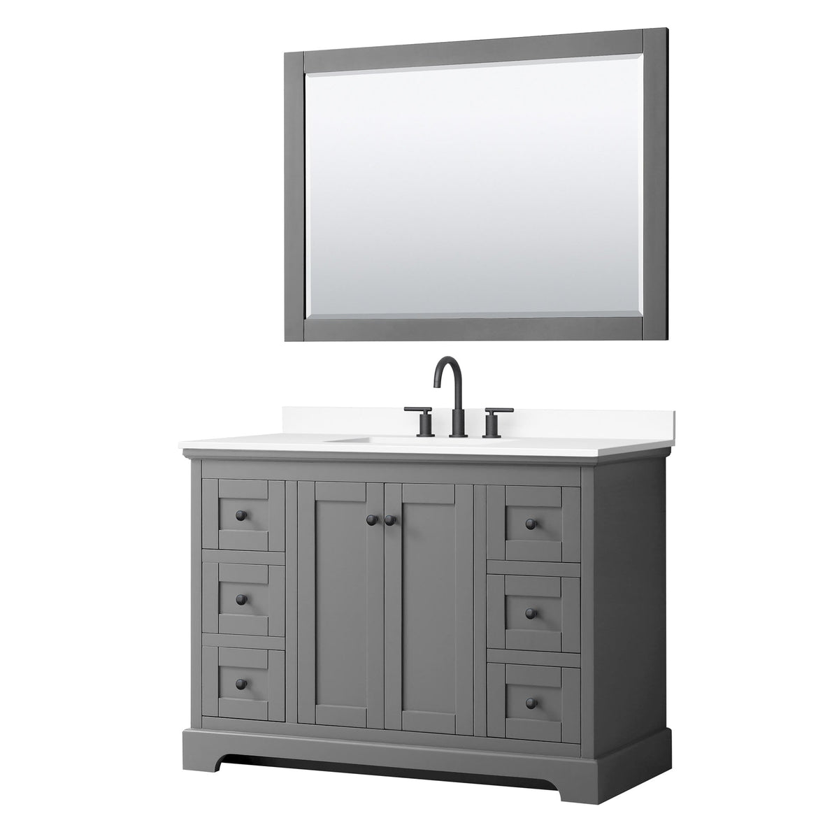 Wyndham Collection Avery 48" Single Bathroom Vanity in Dark Gray, White Cultured Marble Countertop, Undermount Square Sink (3-Hole), Matte Black Trim and 46" Mirror