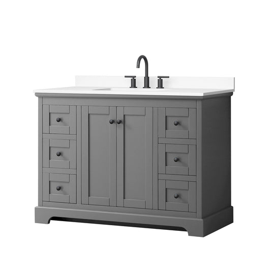 Wyndham Collection Avery 48" Single Bathroom Vanity in Dark Gray, White Cultured Marble Countertop, Undermount Square Sink (3-Hole), Matte Black Trim