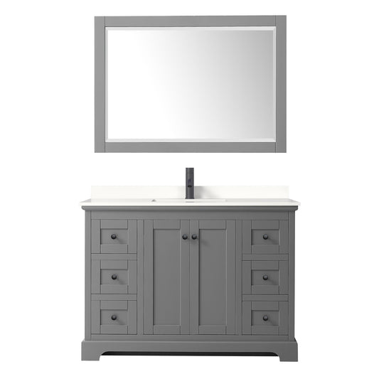 Wyndham Collection Avery 48" Single Bathroom Vanity in Dark Gray, White Quartz Countertop, Undermount Square Sink (1-Hole), Matte Black Trim and 46" Mirror